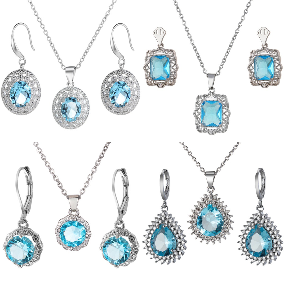earring و سلسلة عنق من الفولاذ المقاوم للصدأ مع حجر توباز أزرق