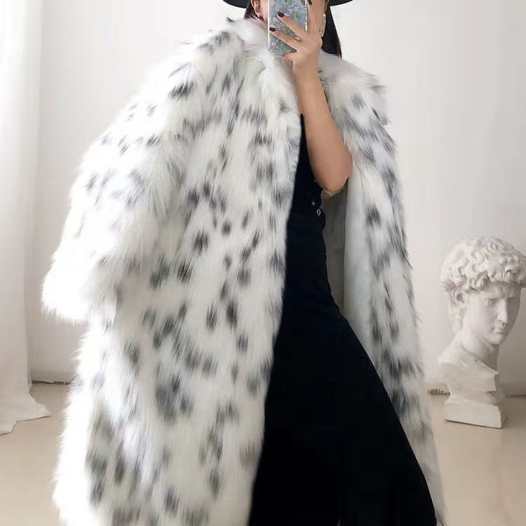 معطف نسائي طويل من فرو الثعلب بنمط حيواني للخريف والشتاء