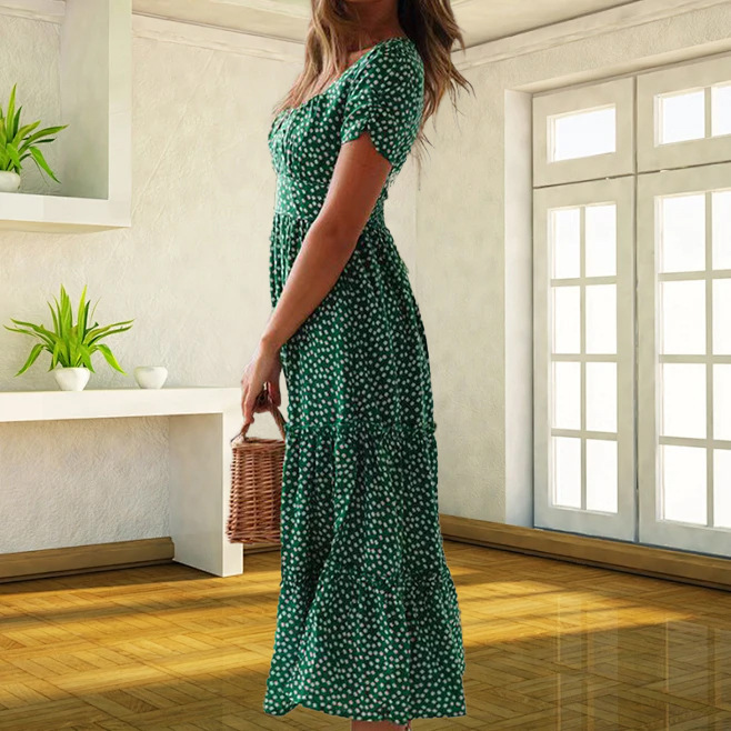 فستان شتوي قصير بتصميم زهور فرنسي مع ياقة مربعة وأكمام منتفخة