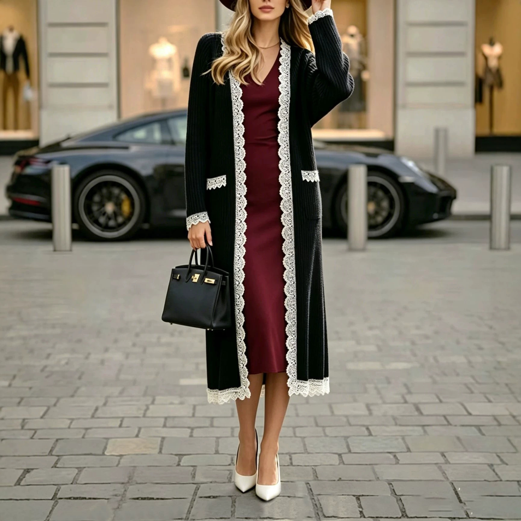 معطف نسائي شتوي باللونين الأبيض والأسود مع حاشية مطرزة