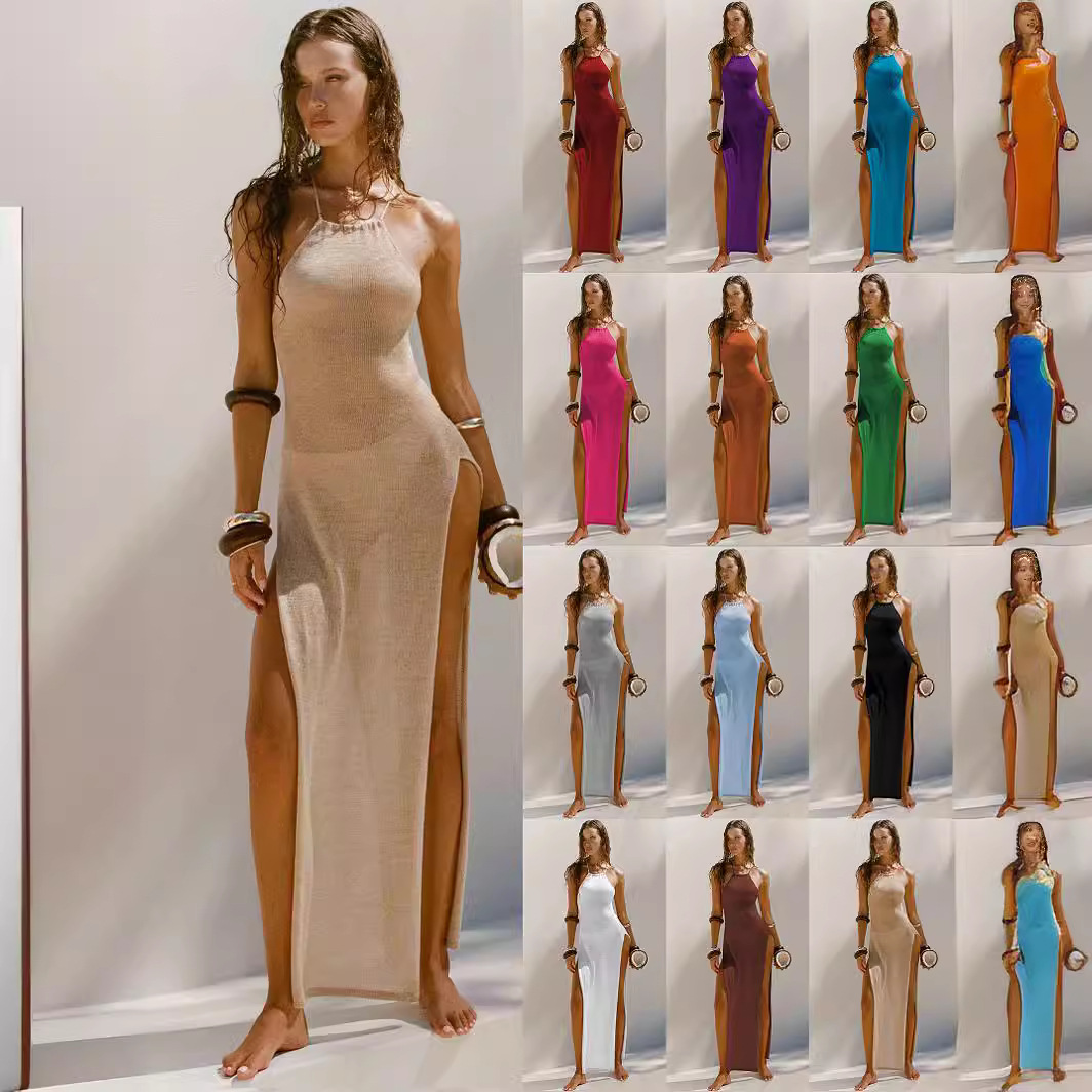 فستان شاطئي أنيق بتصميم حزام كشاكيل وفتحة جانبية عالية