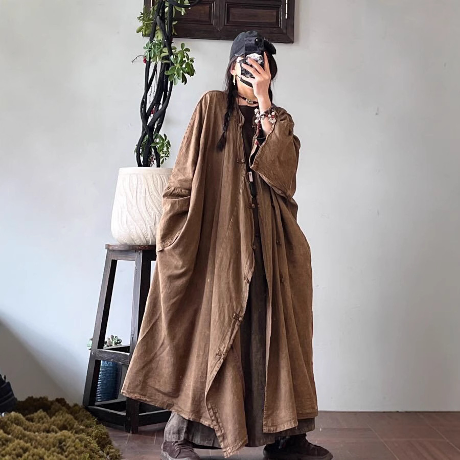 عباءة صيفية طويلة الأكمام بتصميم قديم ومريح ومفتوح من الأمام