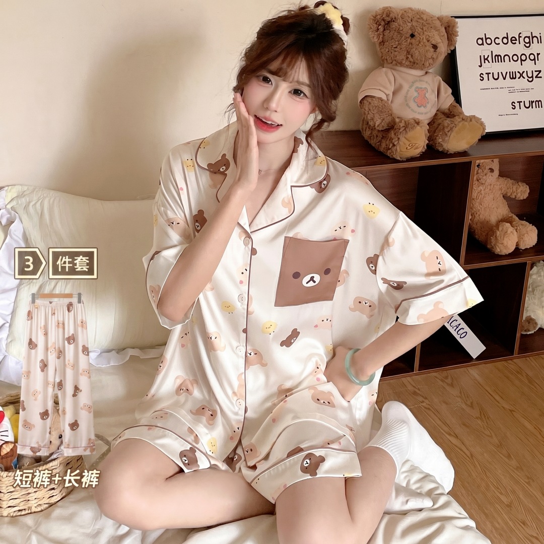 بيجامة صيفية ثلاثية قطعة للنساء بتصميم كارتوني ناعم ومريح