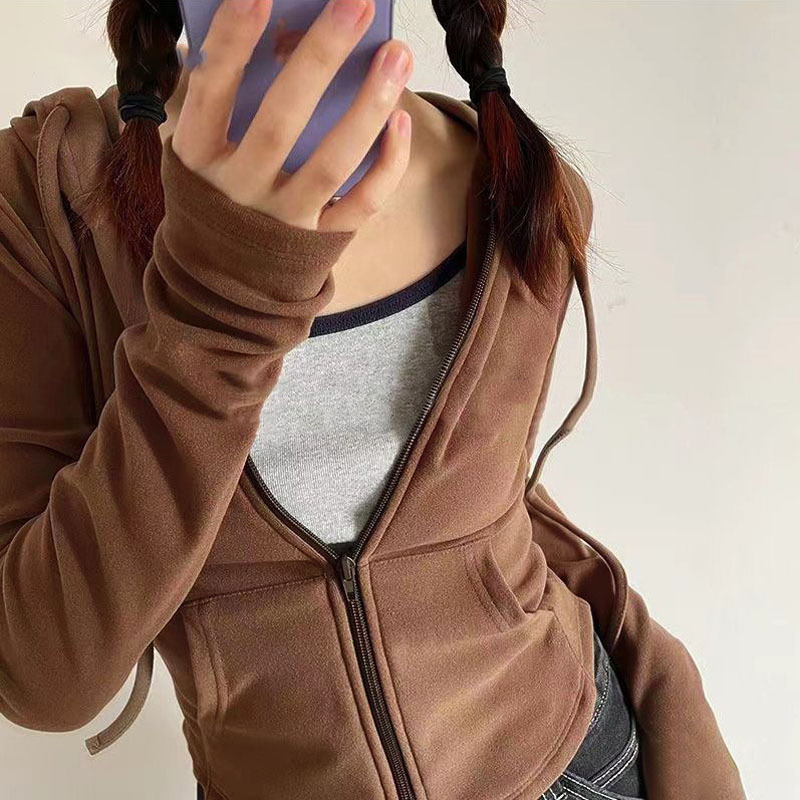 بلوزة نسائية طويلة الأكمام بقبعة وسحاب لون موحد ربيع خريف