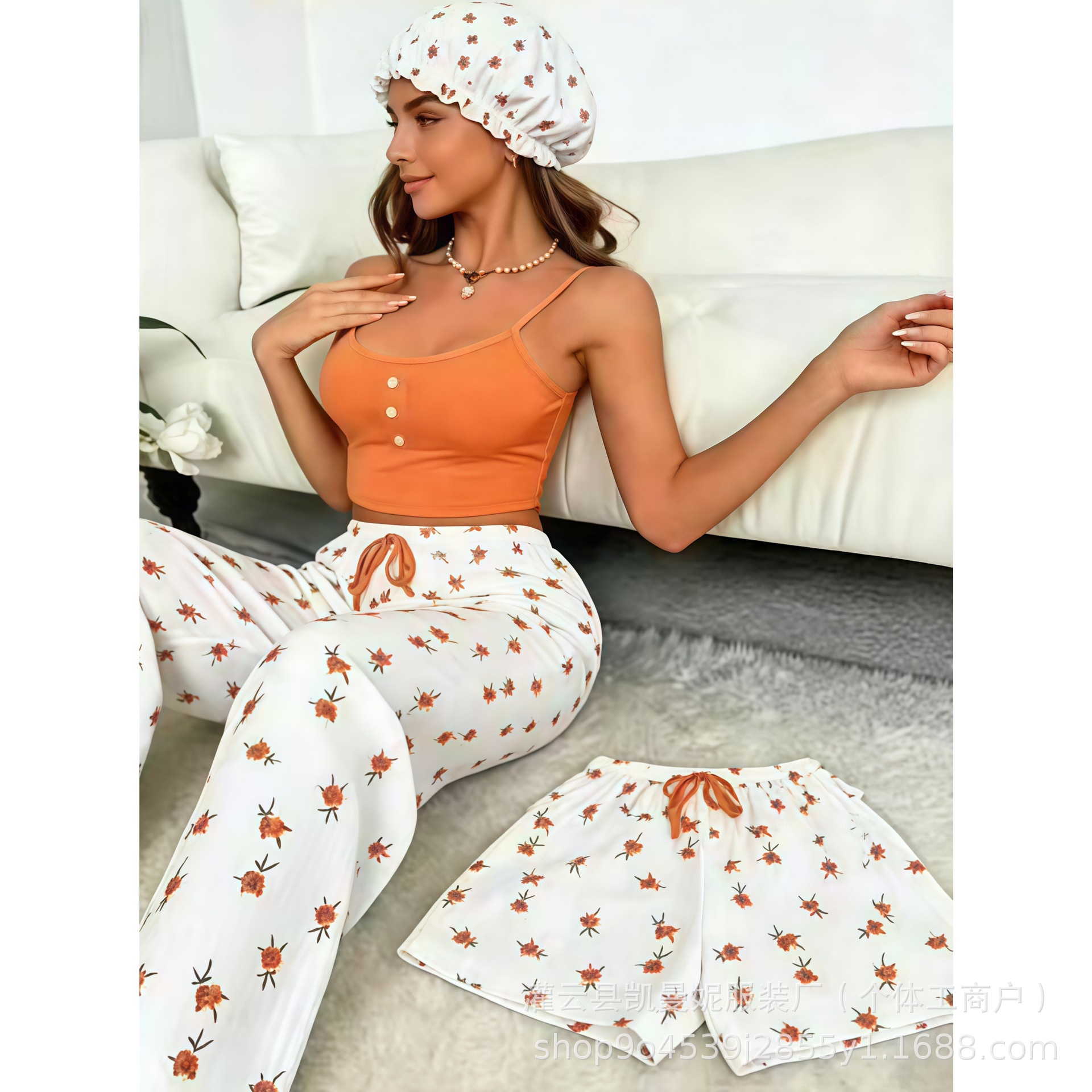 ملابس نوم نسائية من قطن مع حزام وبونيه