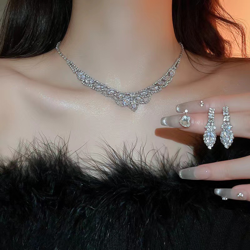 سلسلة أذن وسلسلة عنق مرصعة بحجر الزركونيا للنساء، إكسسوارات عصرية للعروس
