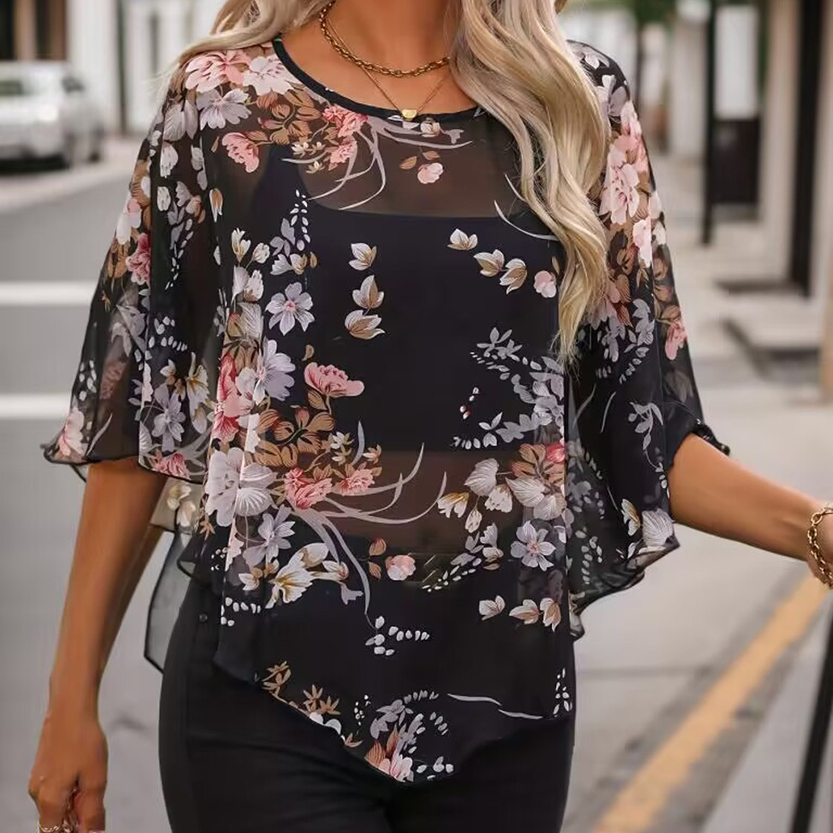 توب نسائي شيفون شفاف بتصميم أوروبي مودرن للصيف