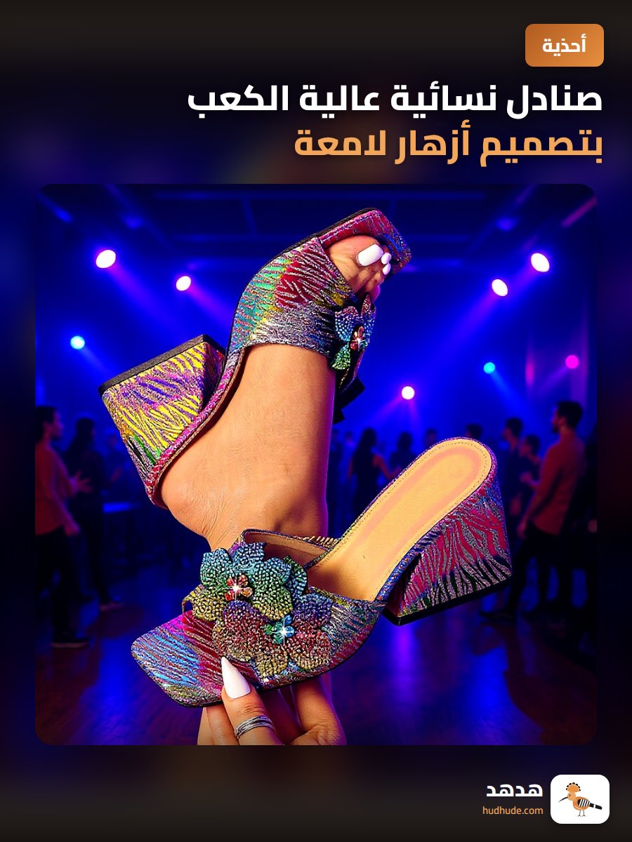 صنادل نسائية عالية الكعب بتصميم أزهار لامعة ومفتوحة من الأمام
