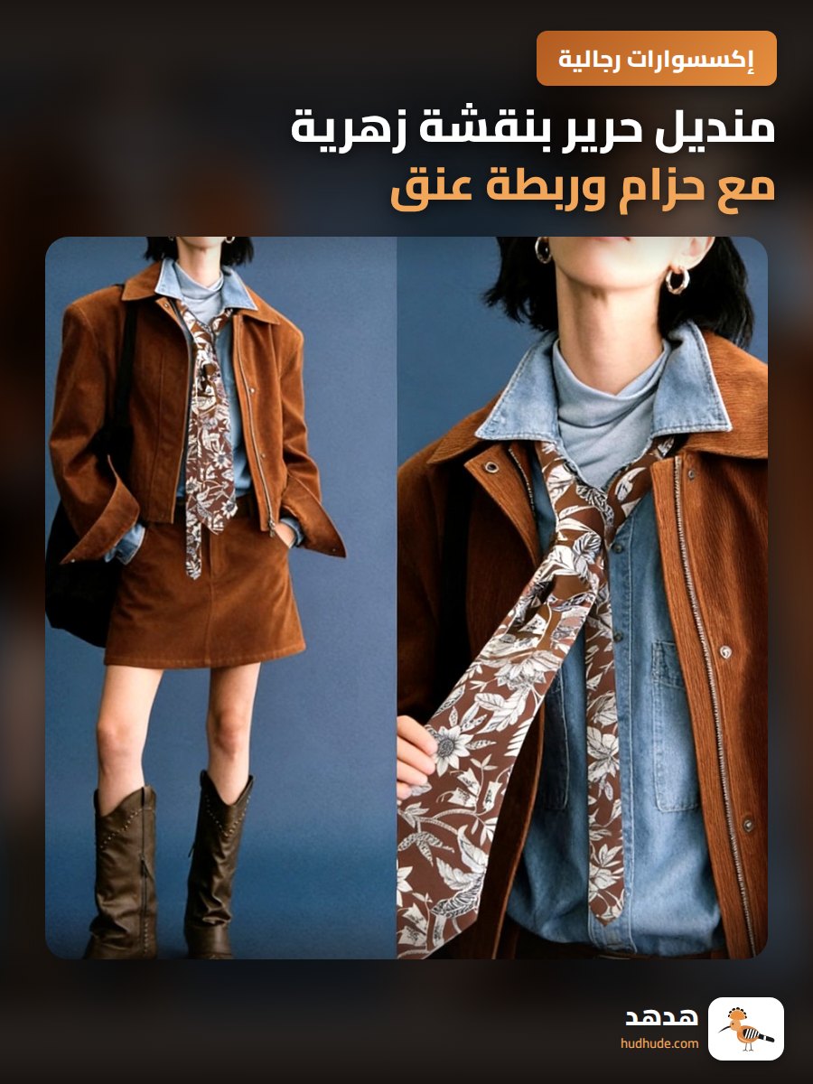منديل حرير بنقشة زهرية مع حزام وربطة عنق بنية اللون