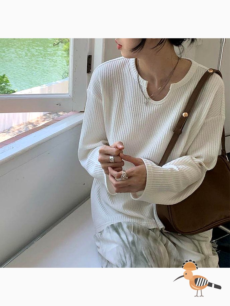 بلوزة نسائية صيفية برقبة على شكل حرف U بأكمام طويلة من نسيج التونيك المخرم