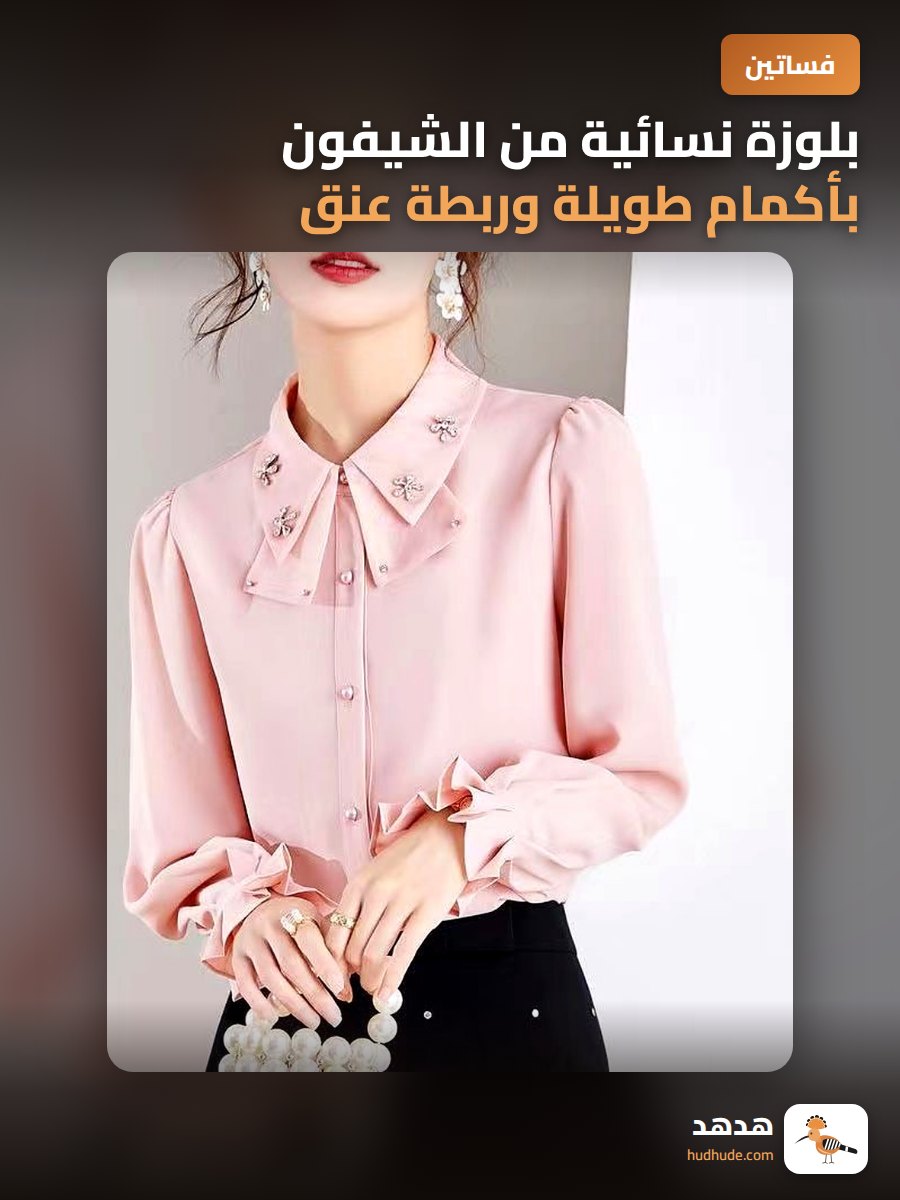 بلوزة نسائية من الشيفون بأكمام طويلة وربطة عنق للربيع والصيف والخريف