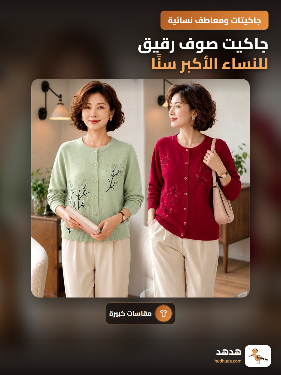 جاكيت صوف رقيق للنساء الأكبر سنًا، موديلات جديدة لربيع وخريف 2025، مقاسات كبيرة