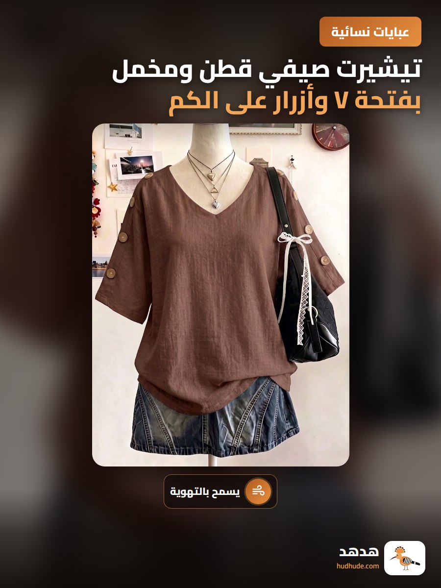 تيشيرت صيفي قطن ومخمل بفتحة V وأزرار على الكم بلون سادة