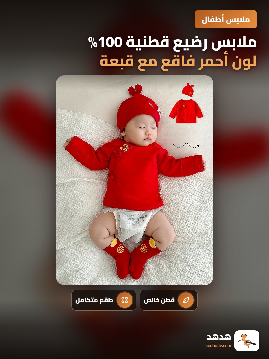 ملابس رضيع قطنية 100% لون أحمر فاقع مع قبعة، قطعتان، للجنسين، جميع الفصول
