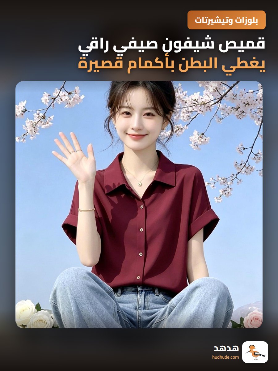 قميص شيفون صيفي راقي يغطي البطن بأكمام قصيرة واسعة ومريحة