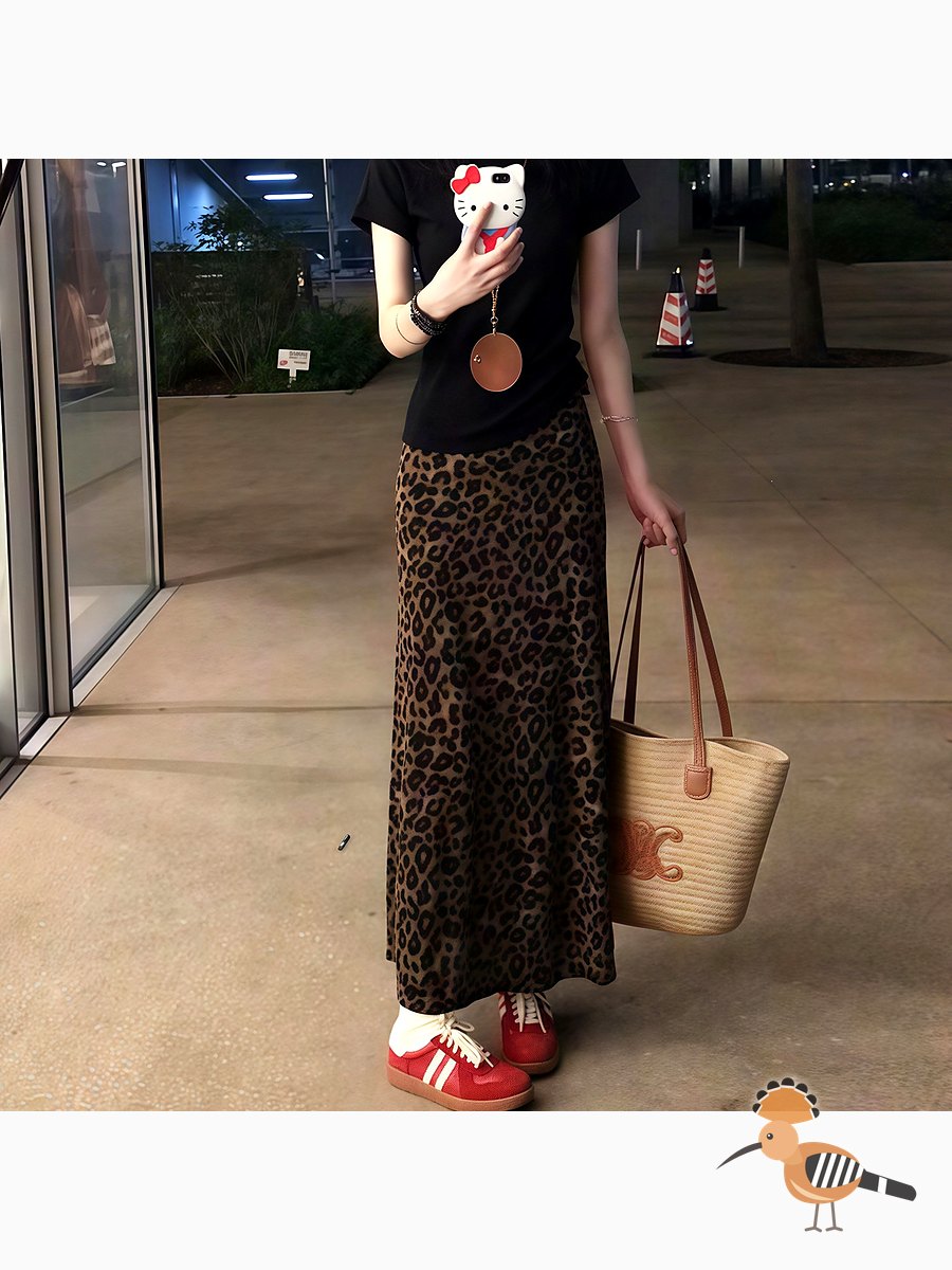 تنورة طويلة بنقشة الفهد للنساء بتصميم A-Line لإخفاء الوركين