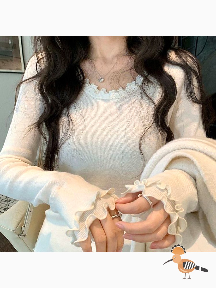 تيشرت أنثوي طويل الأكمام بالكشكشة الفرنسية